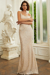 Vestido de noche largo hasta el suelo color champán para fiesta de graduación